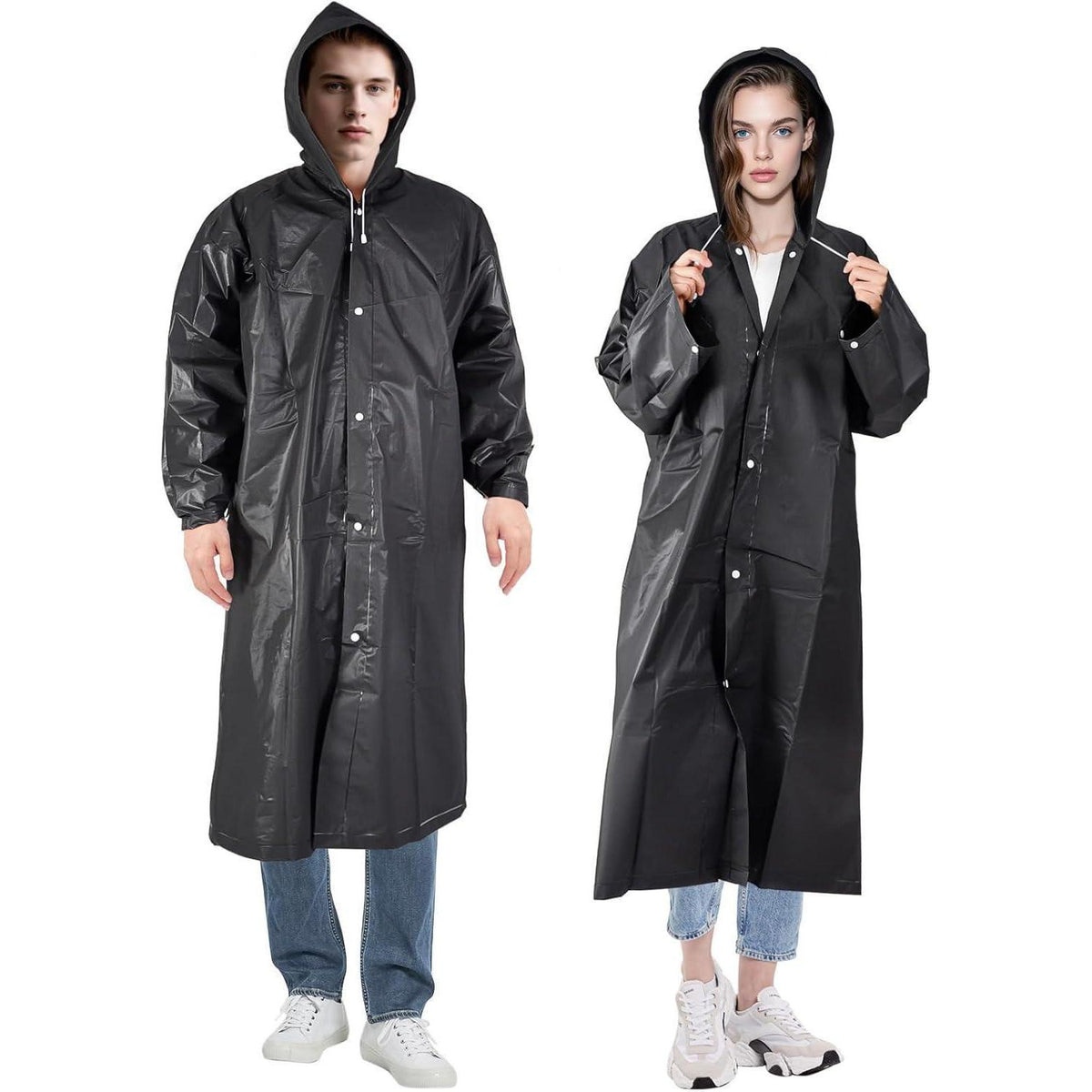 Regenponcho Damen & Herren mit Kapuze, wiederverwendbar, L Schwarz