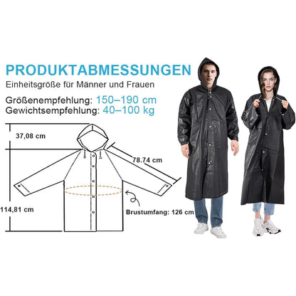 Regenponcho Damen & Herren mit Kapuze, wiederverwendbar, L Schwarz