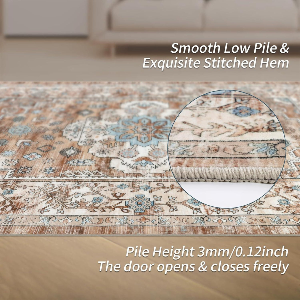Boho Kurzflor Teppich 90x150 cm, waschbar, rutschfest, cremefarben