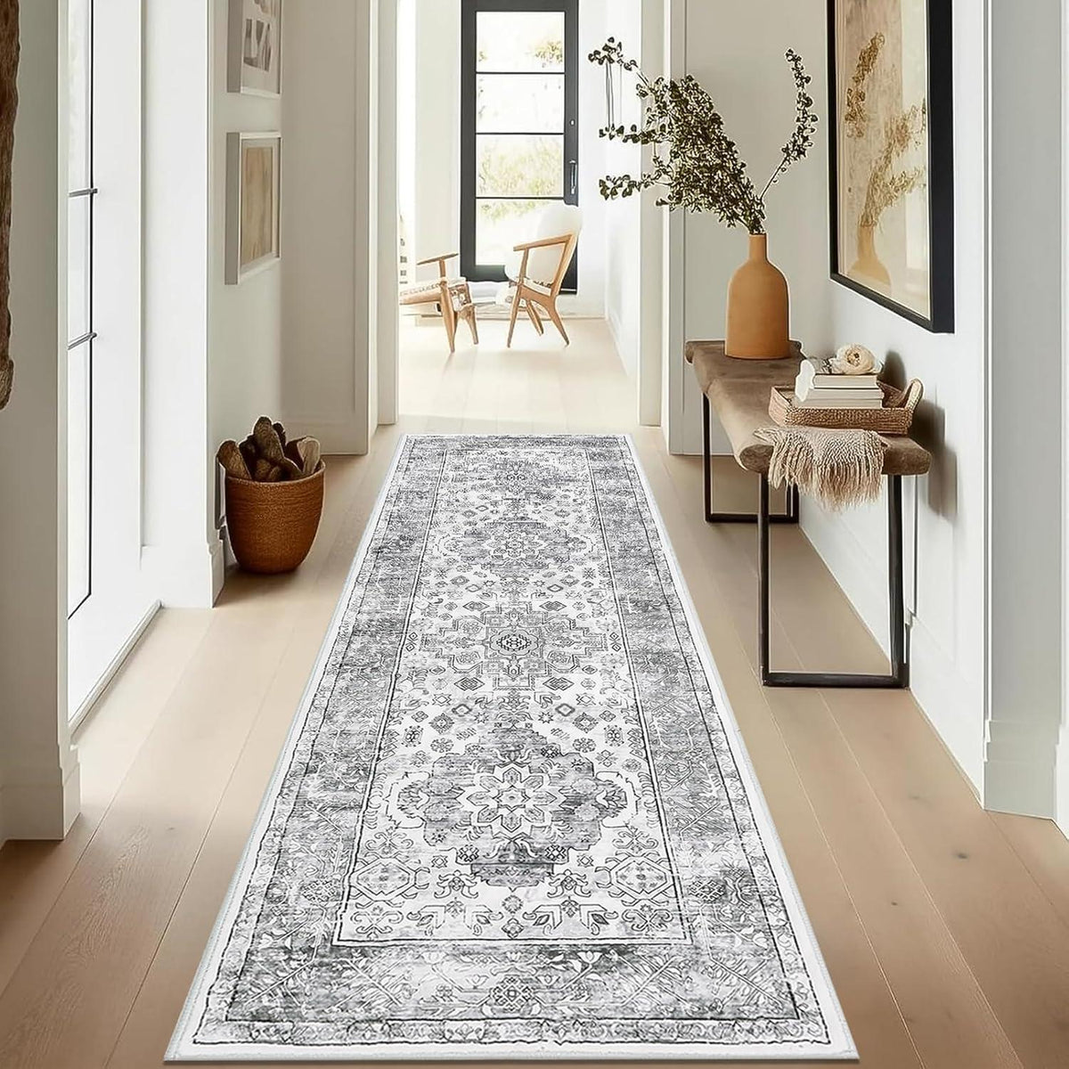 Läufer Teppich Grau 60x180 cm, Waschbar, Rutschfest, Boho Stil