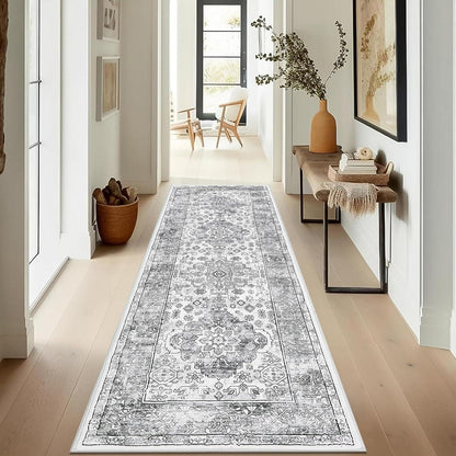 Läufer Teppich Grau 60x180 cm, Waschbar, Rutschfest, Boho Stil