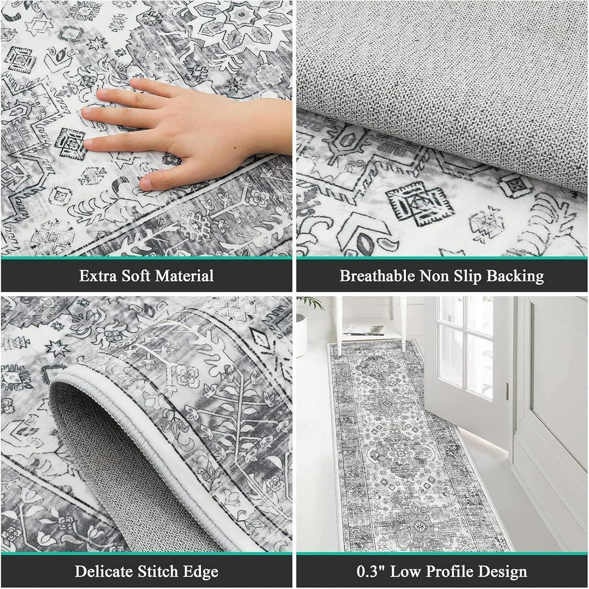 Läufer Teppich Grau 60x180 cm, Waschbar, Rutschfest, Boho Stil