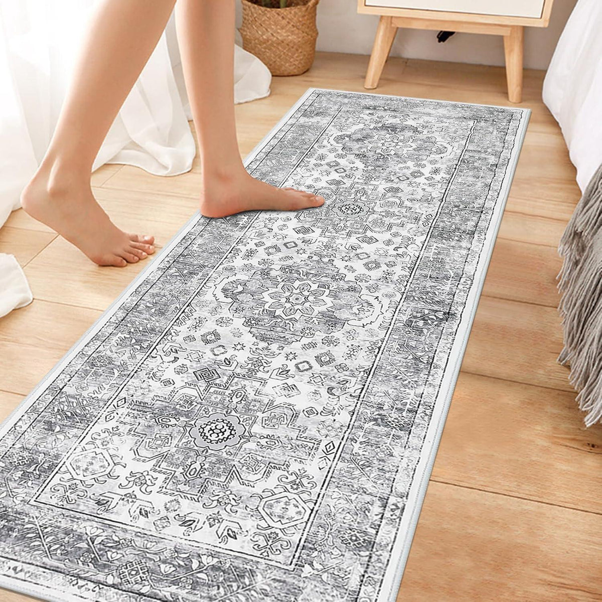 Läufer Teppich Grau 60x180 cm, Waschbar, Rutschfest, Boho Stil