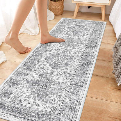 Läufer Teppich Grau 60x180 cm, Waschbar, Rutschfest, Boho Stil