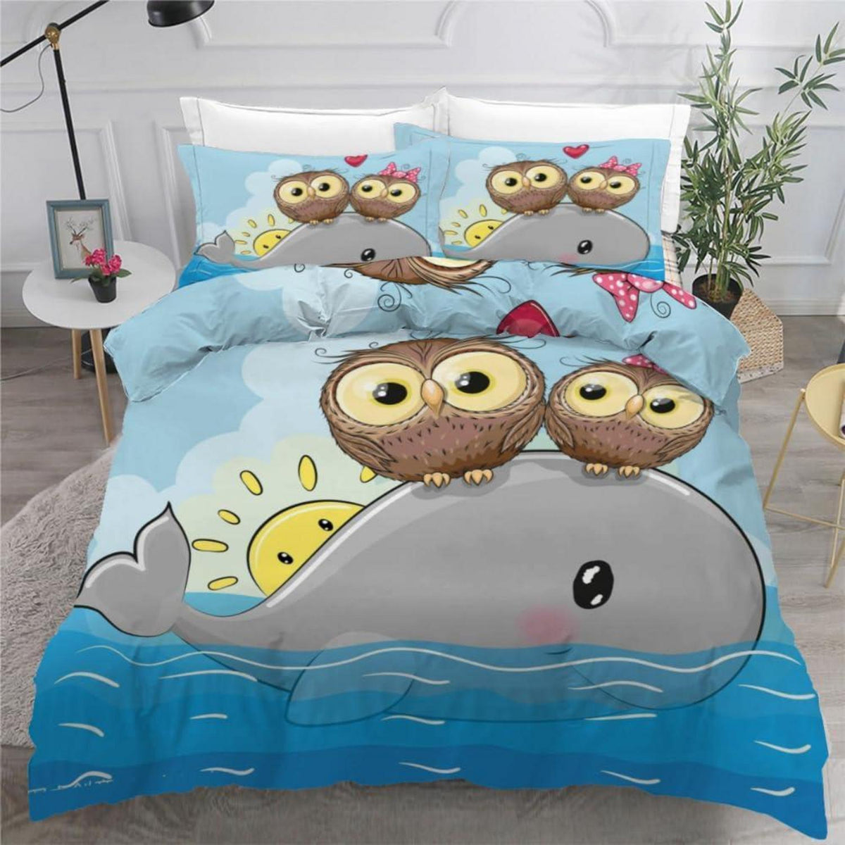 Kawaii Eule Bettwäsche-Set 220x240 cm | 3-teilig Mikrofaser