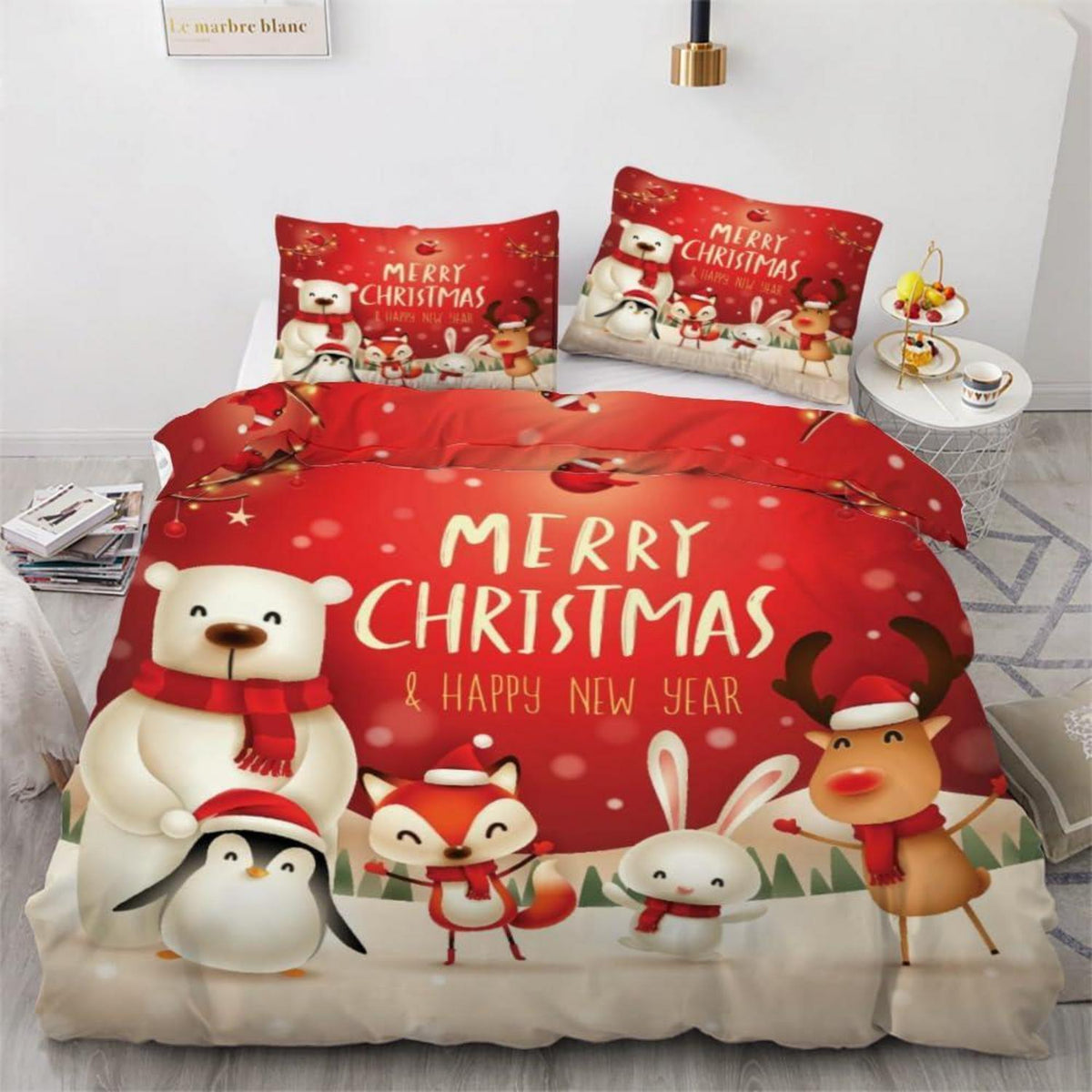 Weihnachts Bettwäsche Set 220x240 cm - Pinguin Fuchs 3D Mikrofaser