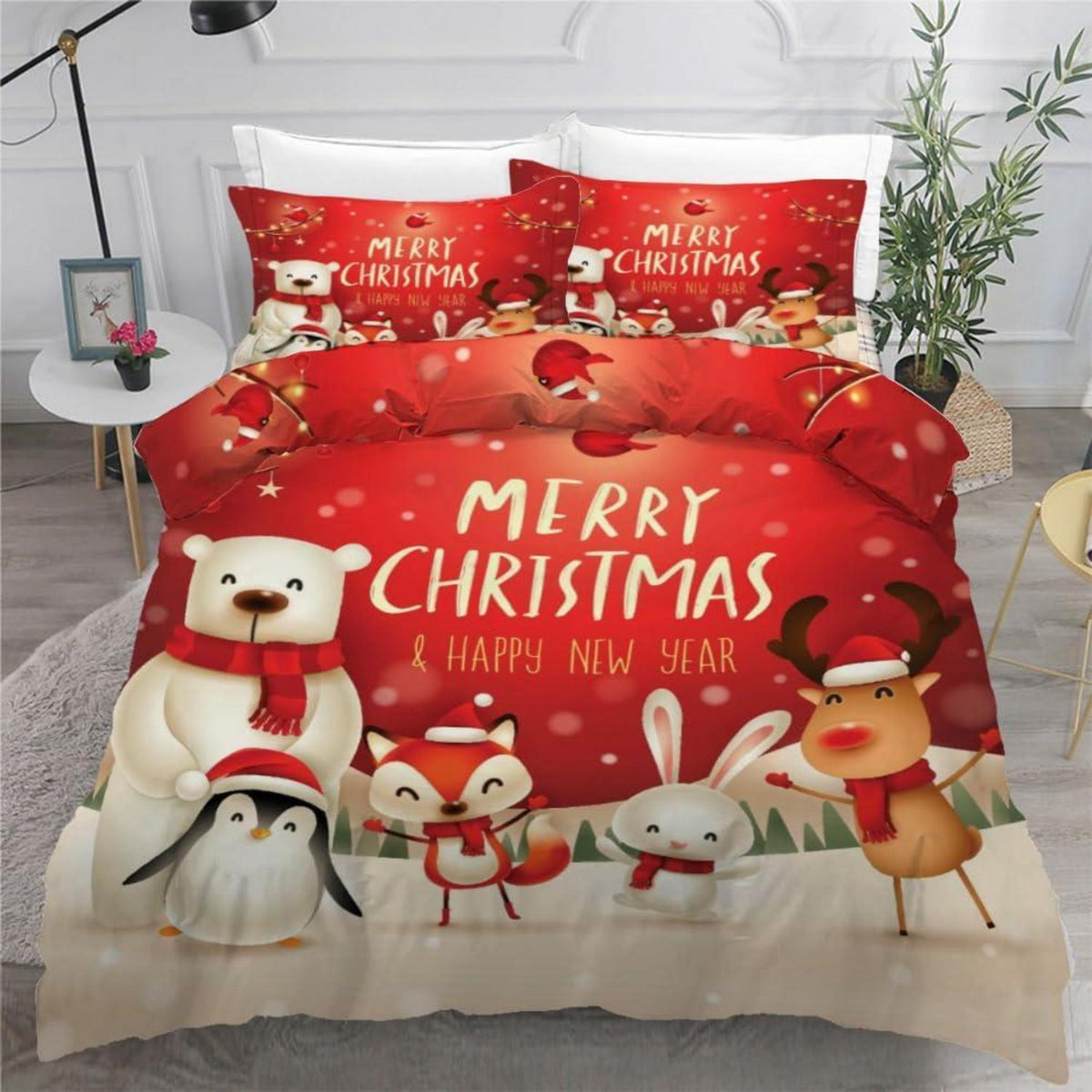 Weihnachts Bettwäsche Set 220x240 cm - Pinguin Fuchs 3D Mikrofaser