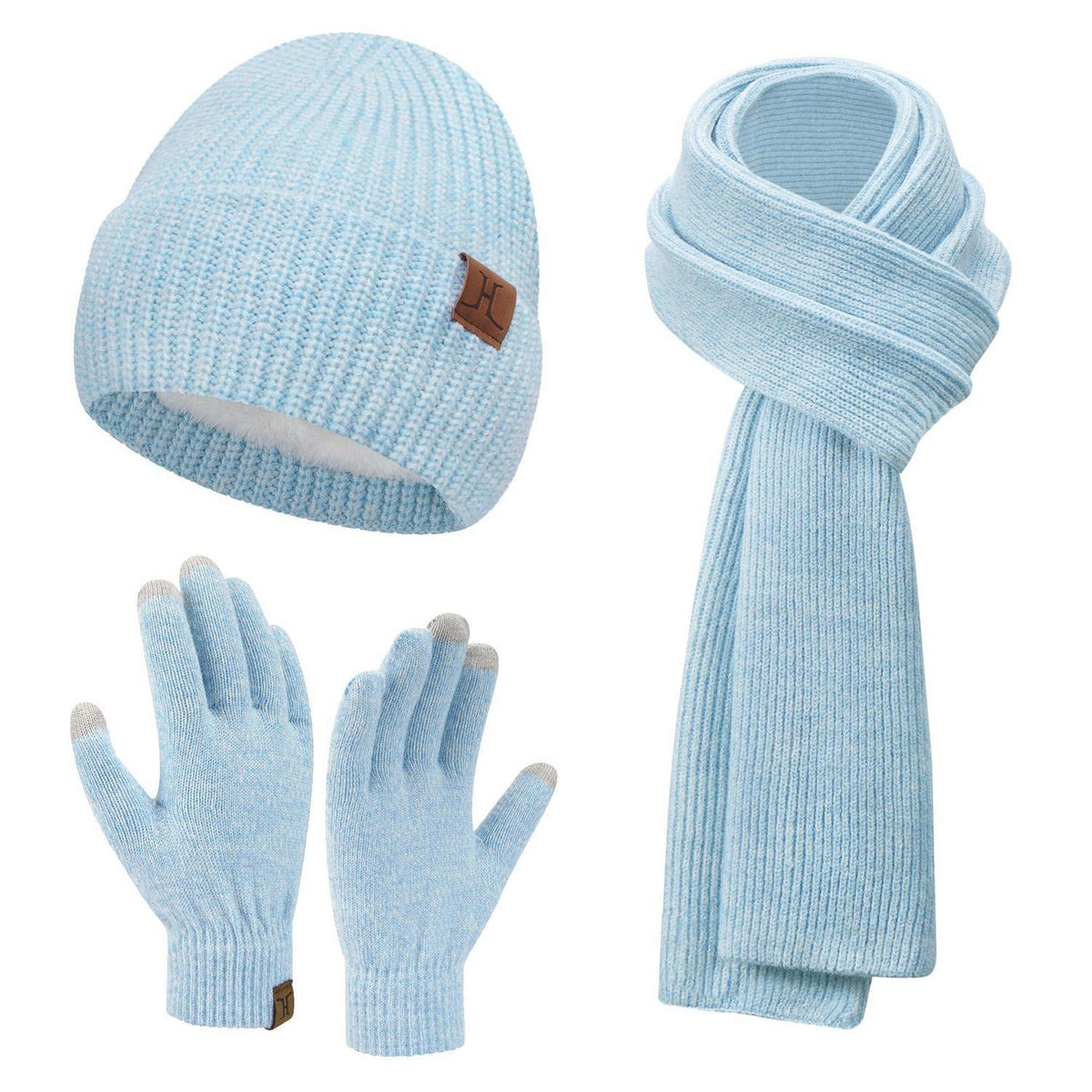 Damen Winter Mützen Schal Handschuhe Set Touchscreen Thermo Fleece Blau Weiß