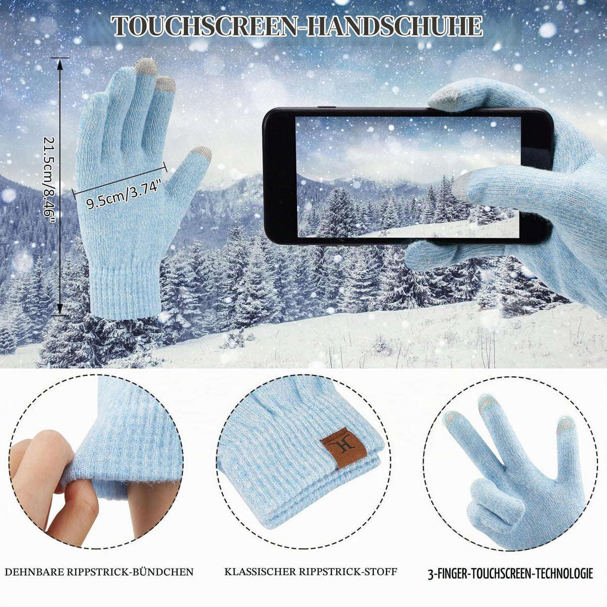 Damen Winter Mützen Schal Handschuhe Set Touchscreen Thermo Fleece Blau Weiß