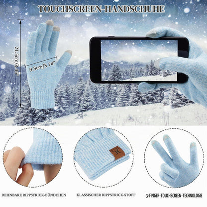 Damen Winter Mützen Schal Handschuhe Set Touchscreen Thermo Fleece Blau Weiß