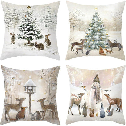 4er Set Weihnachtskissenbezug Leinen 45x45cm Weihnachtsdeko