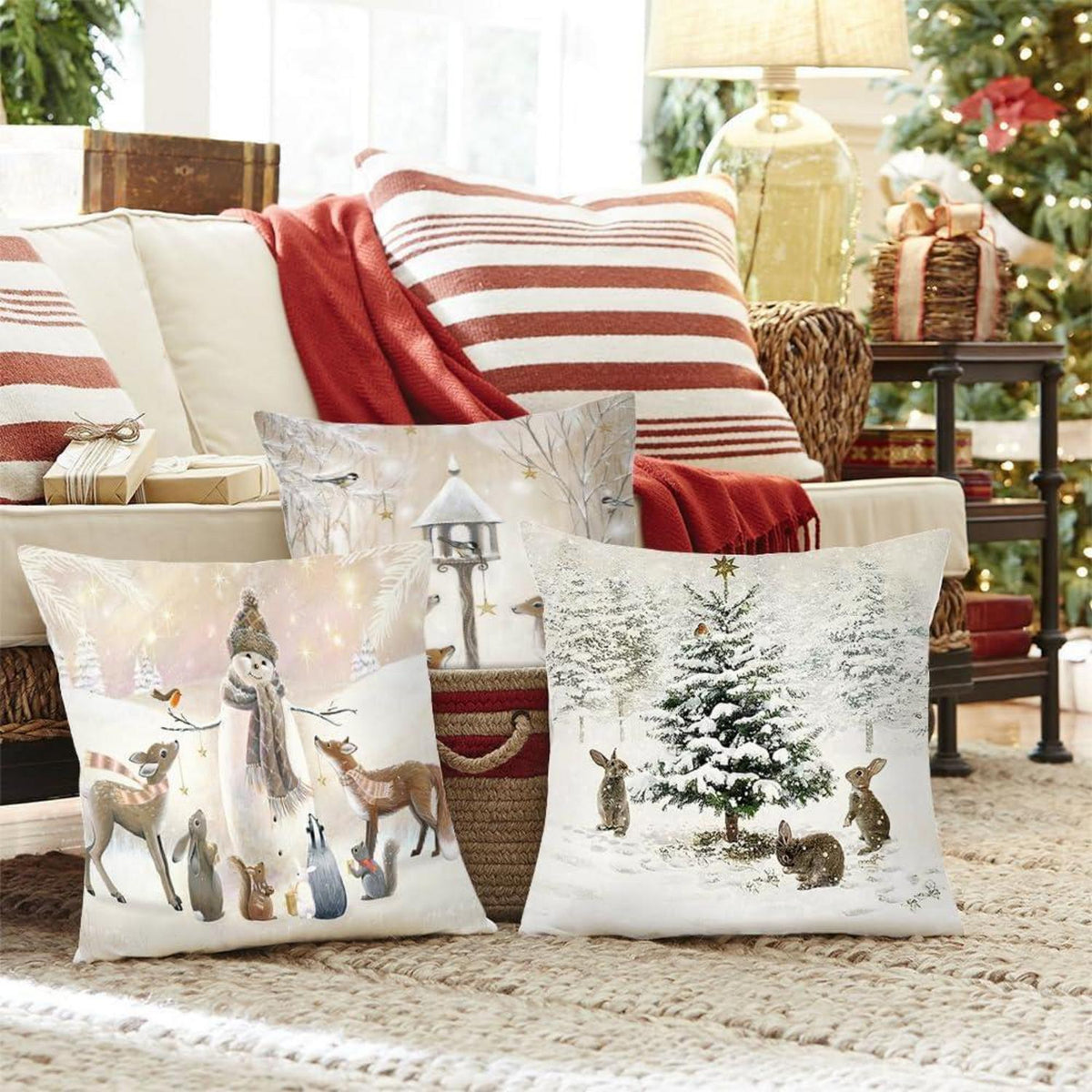 4er Set Weihnachtskissenbezug Leinen 45x45cm Weihnachtsdeko