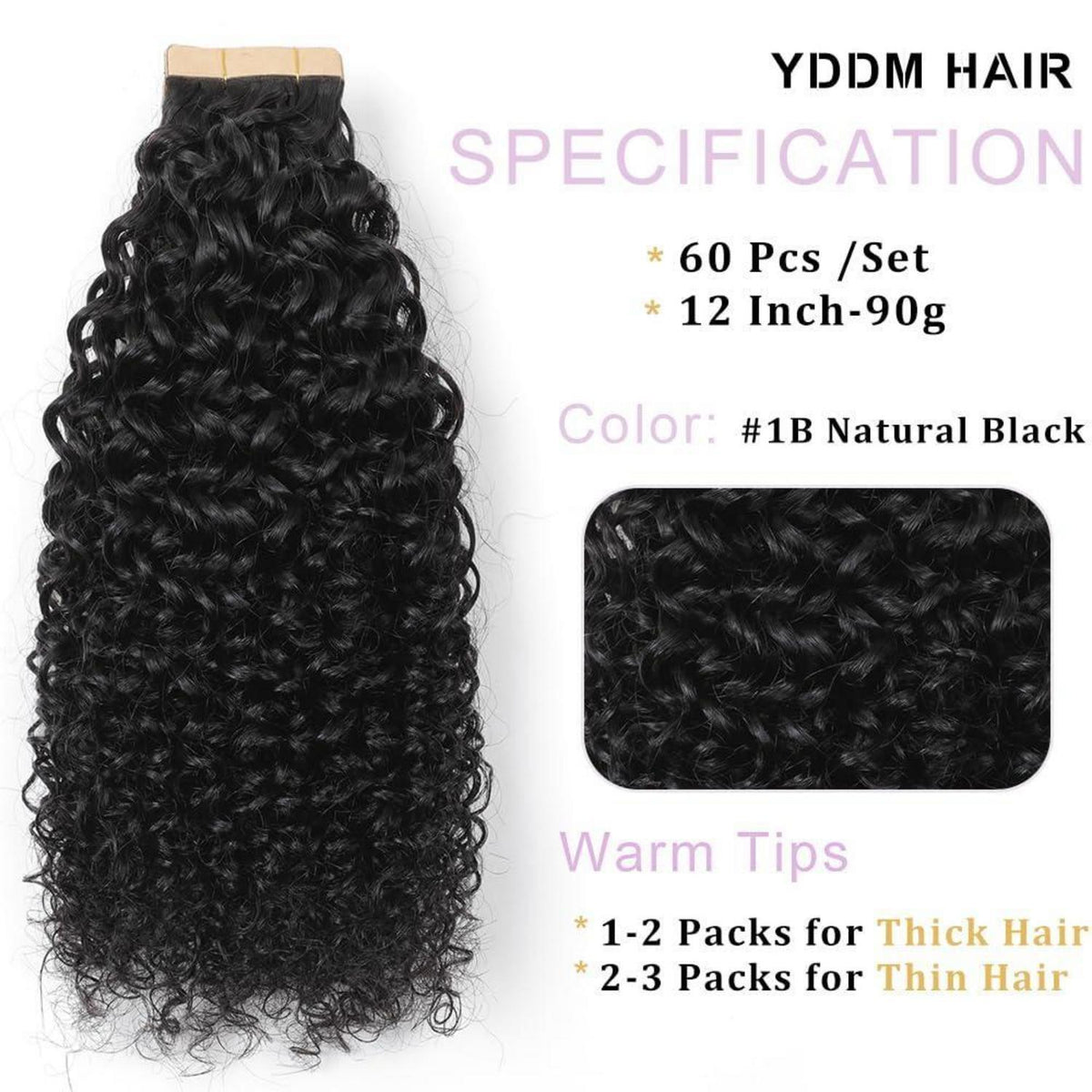Echthaar Tape Extensions Schwarz Kinky Curly 12 Zoll