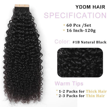 Schwarze Kinky Curly Tape Extensions Echthaar 16 Zoll