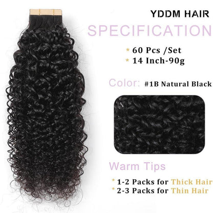 Echthaar Tape Extensions Schwarz Kinky Curly 14 Zoll