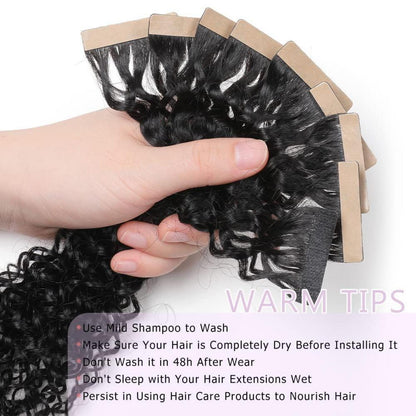 Echthaar Tape Extensions Schwarz Kinky Curly 14 Zoll