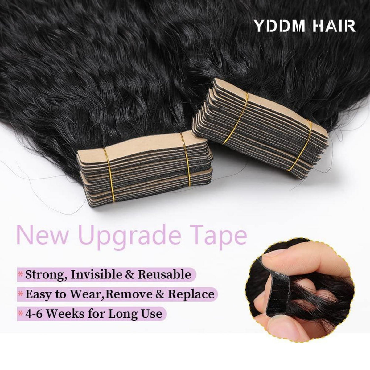 Echthaar Tape Extensions Schwarz Kinky Straight 22 Zoll
