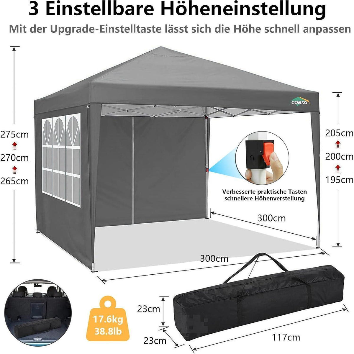 3x3m Pavillon mit 4 Seitenwänden – Grau, Robust & Einfach Aufbau