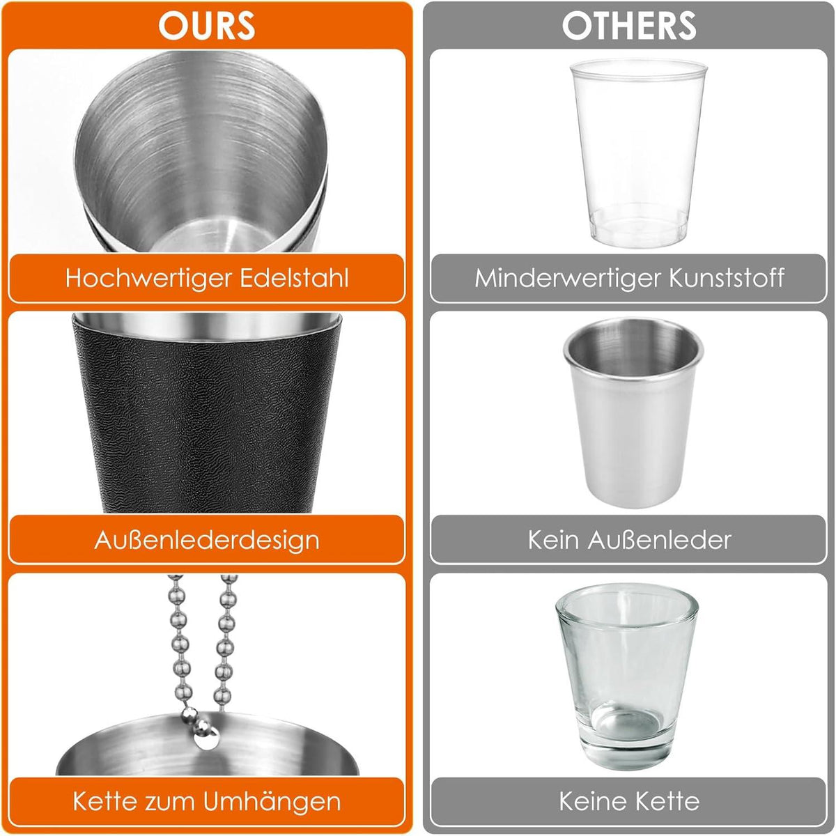 12er Set 30ml Schnapsgläser Edelstahl Schwarz Schnapsglas Kette