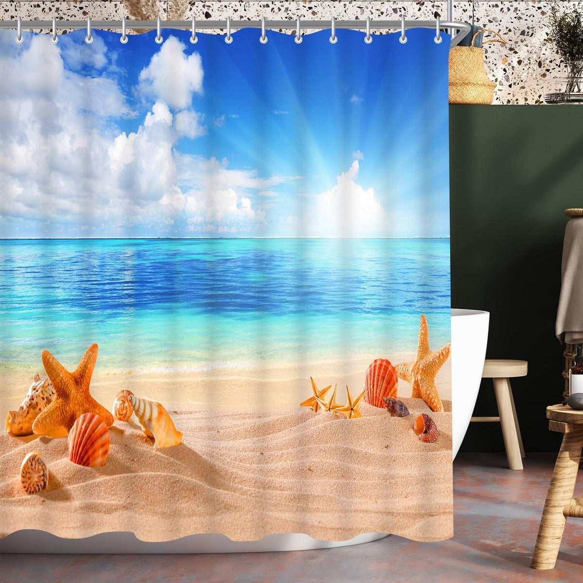 Duschvorhang 240x180cm Sea Blue, beschwerter Saum, wasserabweisend, waschbar, mit Ösen und 16 Duschvorhangringe
