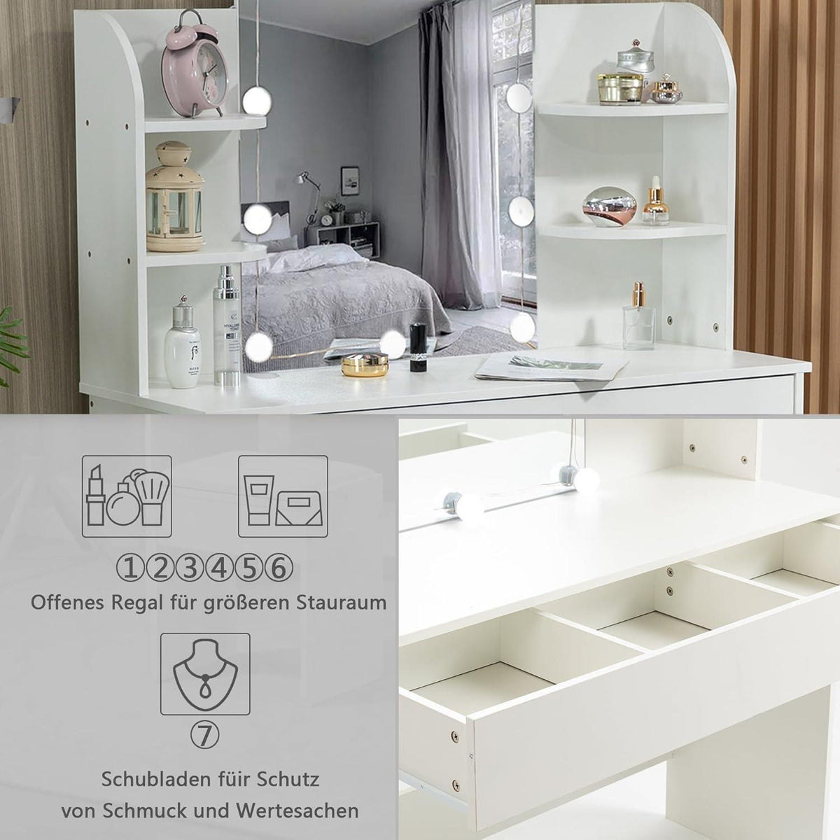 Weißer Schminktisch mit Spiegel, Hocker & Stauraum
