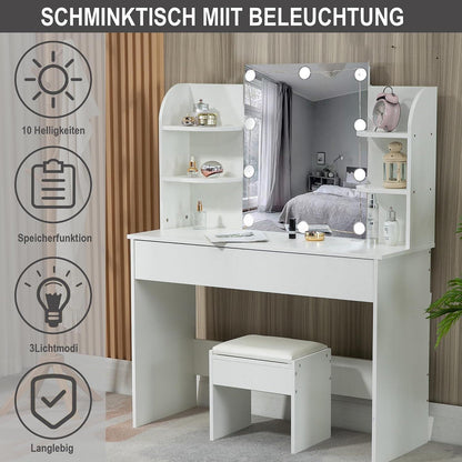 Weißer Schminktisch mit Spiegel, Hocker & Stauraum