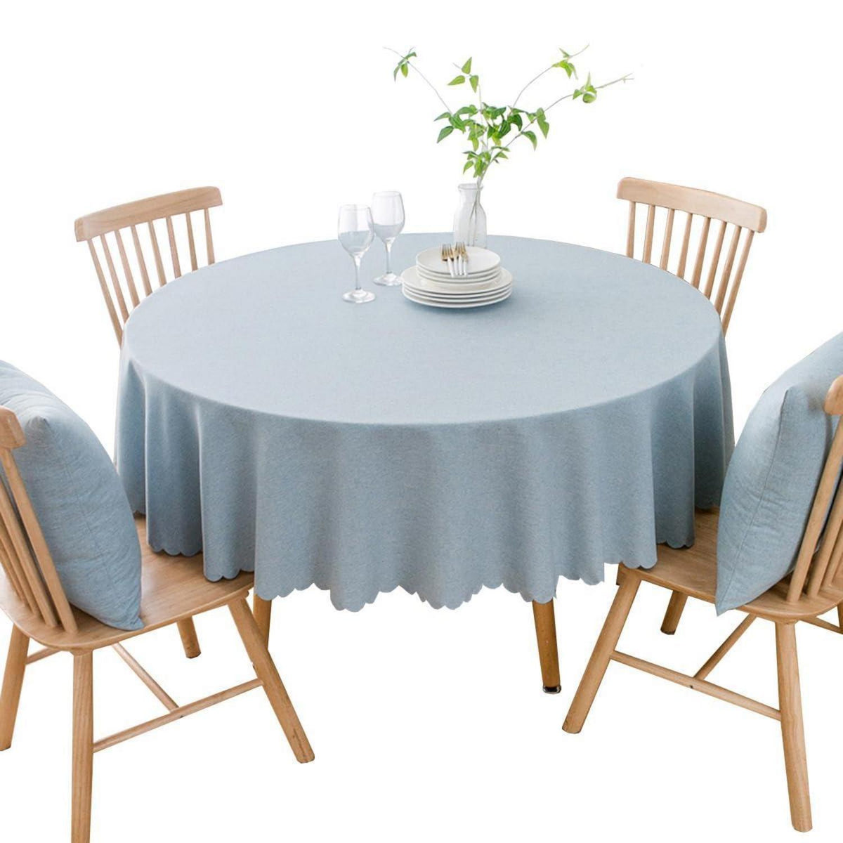Runde Baumwoll-Leinen Tischdecke wasserabweisend 260 cm Hellblau