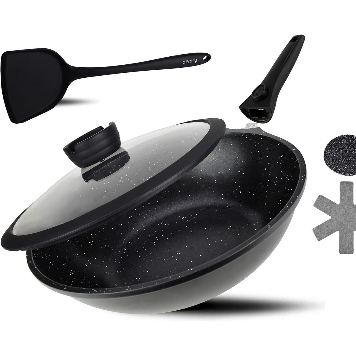 Wok Pfanne 30cm mit Deckel, abnehmbarer Griff, Induktion