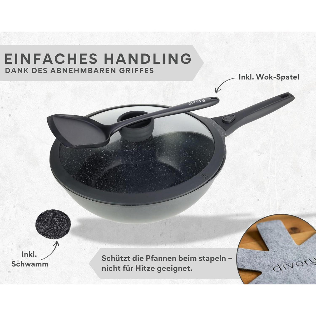 Wok Pfanne 30cm mit Deckel, abnehmbarer Griff, Induktion