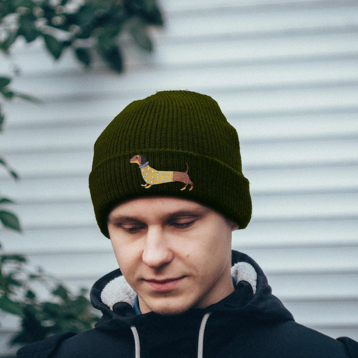 Strickmütze Winter Warm Einheitsgröße Dunkelgrün Dackel Stickerei