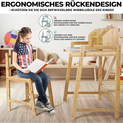 Kinderschreibtisch mit Stuhl, höhenverstellbar, Bambus Holz