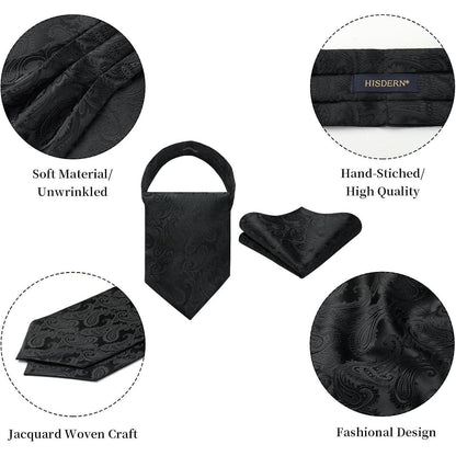 Herren Krawattenschal & Einstecktuch Set Paisley Schwarz