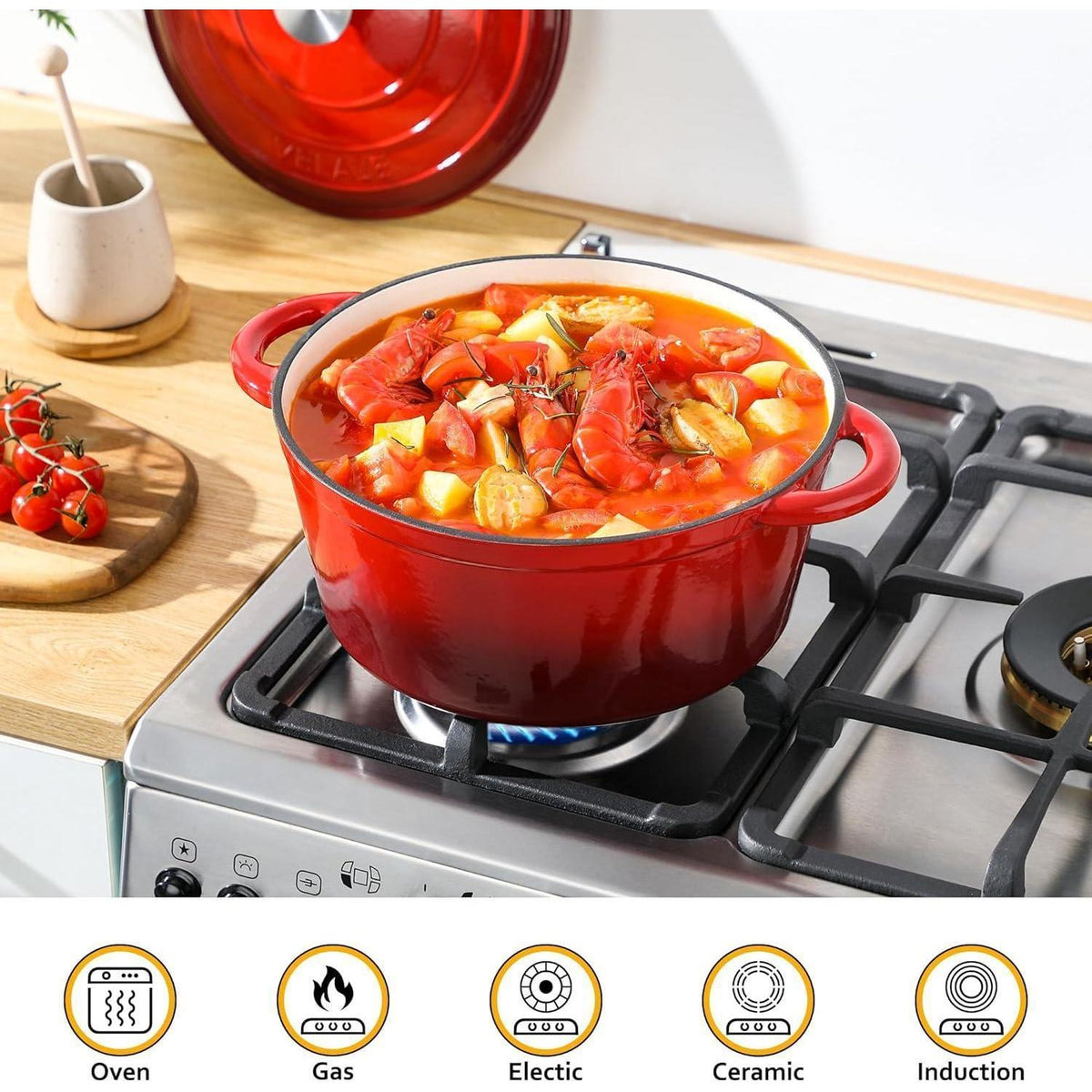 Emaillierter Gusseisen-Topf 7,5 QT mit Deckel, Rot