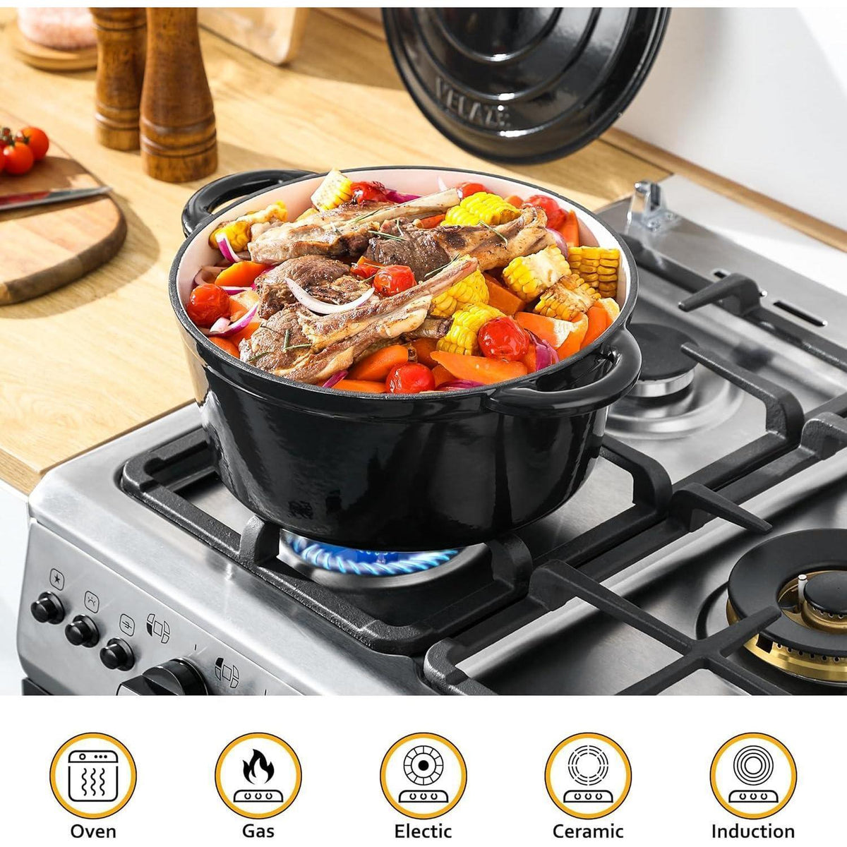 Emaillierter Gusseisen-Dutch Oven 7,5 QT mit Deckel, Schwarz