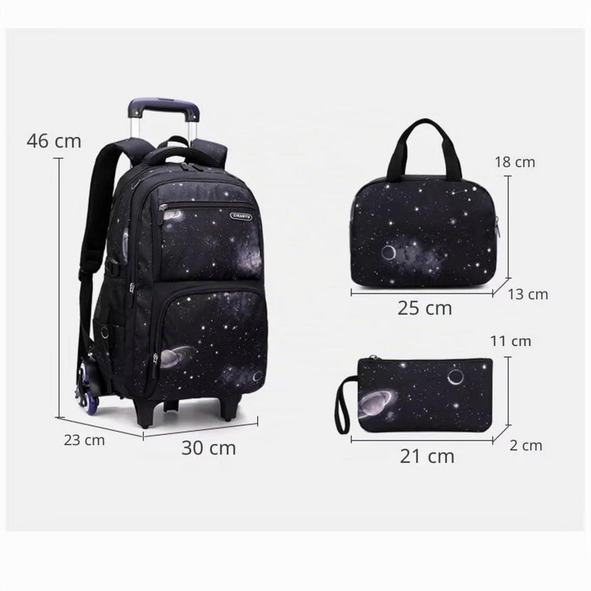 Schulrucksack Jungen Trolley Set mit Lunch Tasche & Federmäppchen Blauer Sternenhimmel