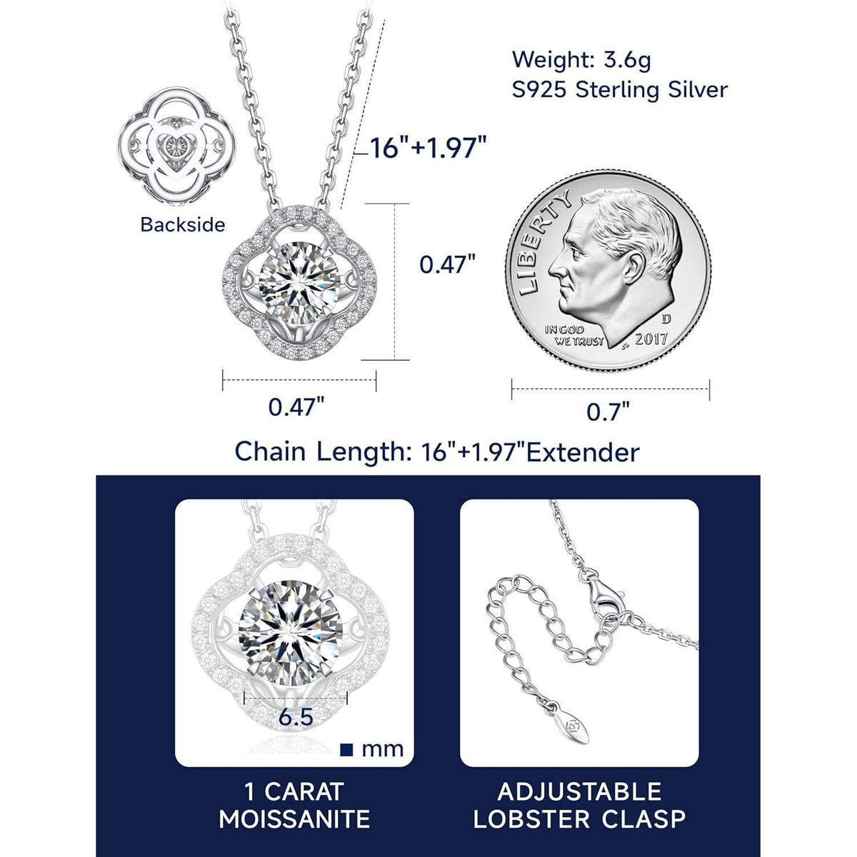 Moissanite Halskette Damen Silber 925 Kleeblatt Glückssymbol