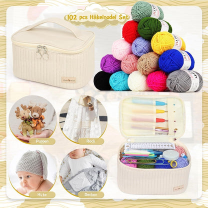 Häkelset Anfänger Ergonomische Nadeln Acrylwolle mit Zubehör & Tasche