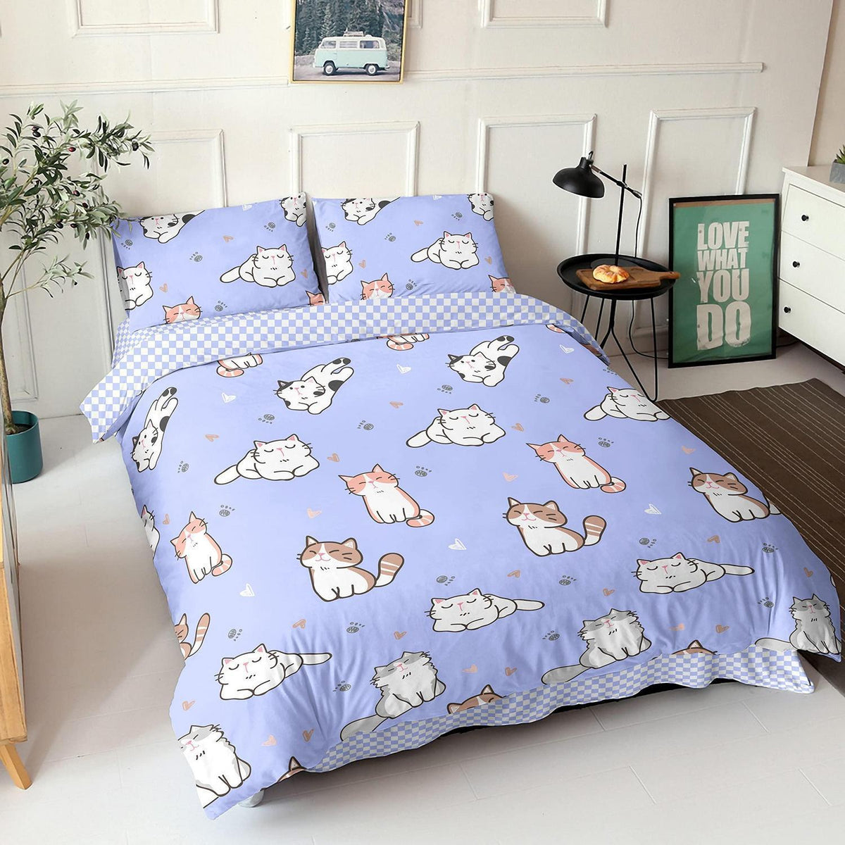 Katzen Bettwäsche-Set Lila 200x200cm mit Kissenbezügen