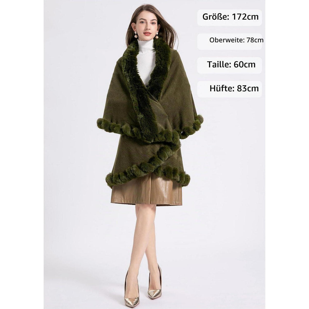 Strick Poncho Damen mit Fellkragen Armeegrün