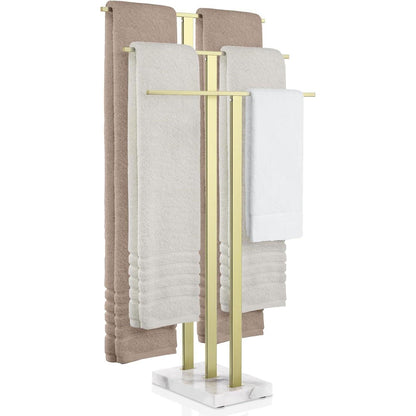 Freistehender Handtuchständer Gold, 3 Stangen, Marmor & Edelstahl