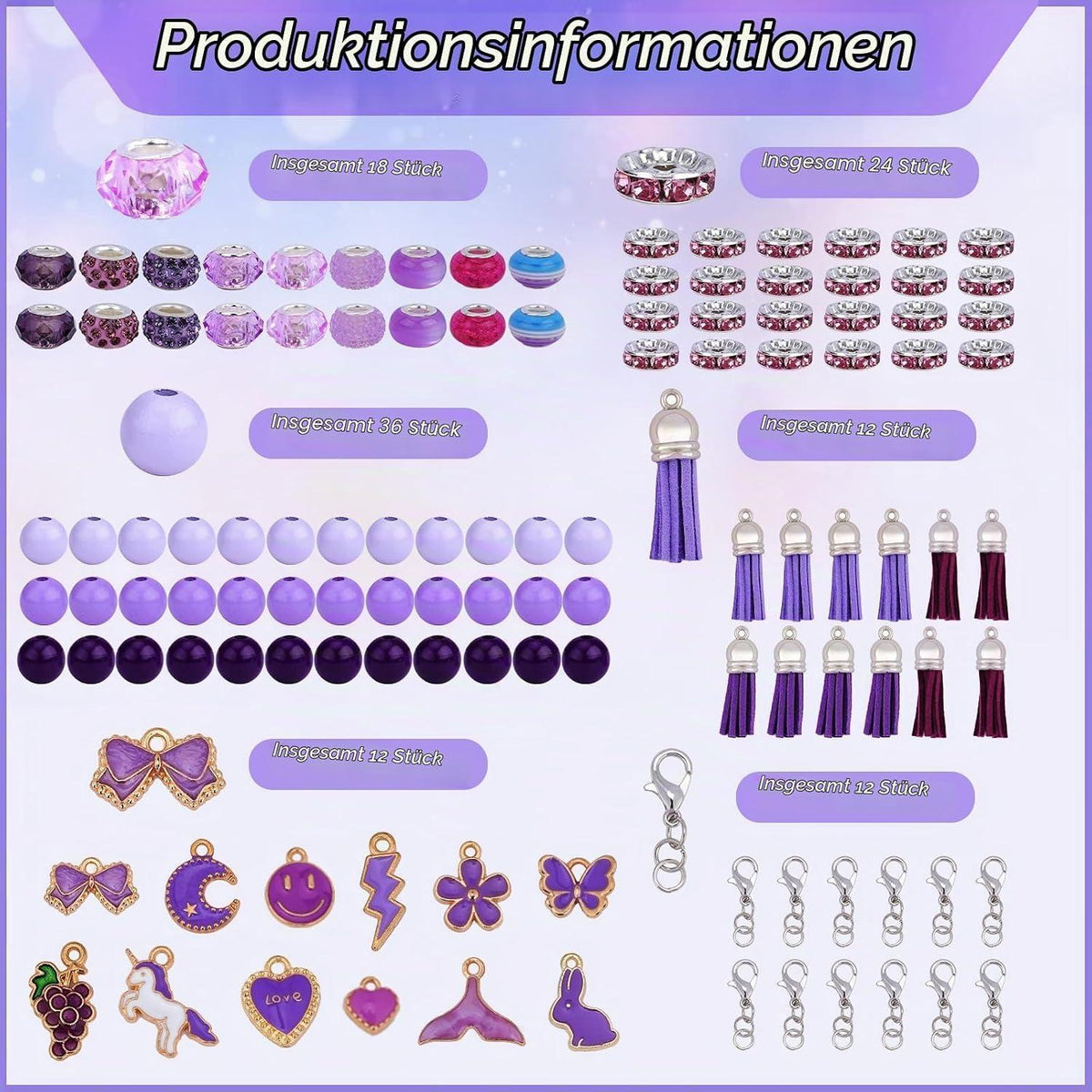12 DIY Perlenstifte Set Lila - Kugelschreiber Großpackung
