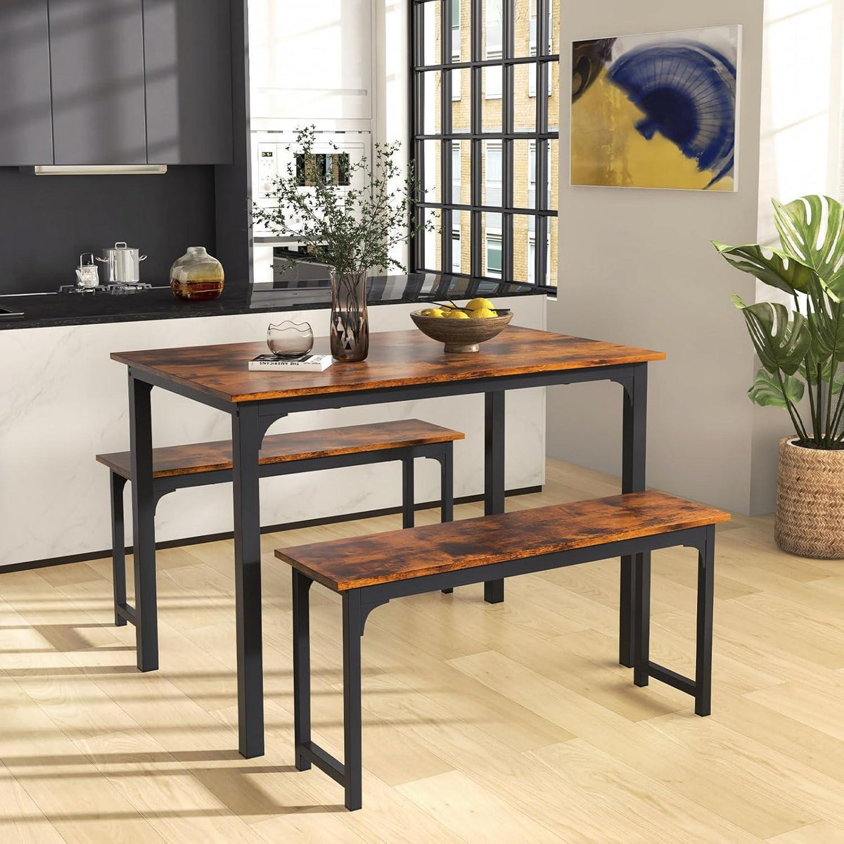 Esstisch Set für 4 Personen | Industriedesign mit 2 Bänken