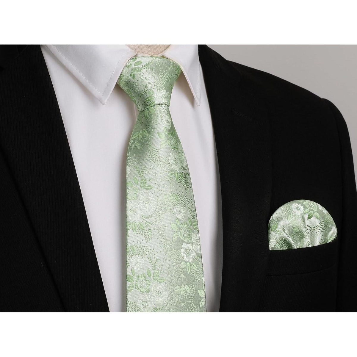 Herren Krawatten-Set Seide floral Z-salbei Grün mit Einstecktuch