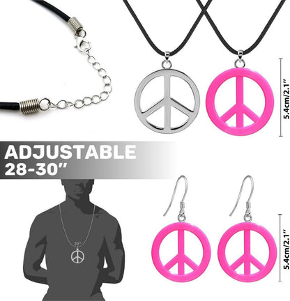 Hippie Kostüm Set mit Brille Peace Halskette Anhänger Armbänder