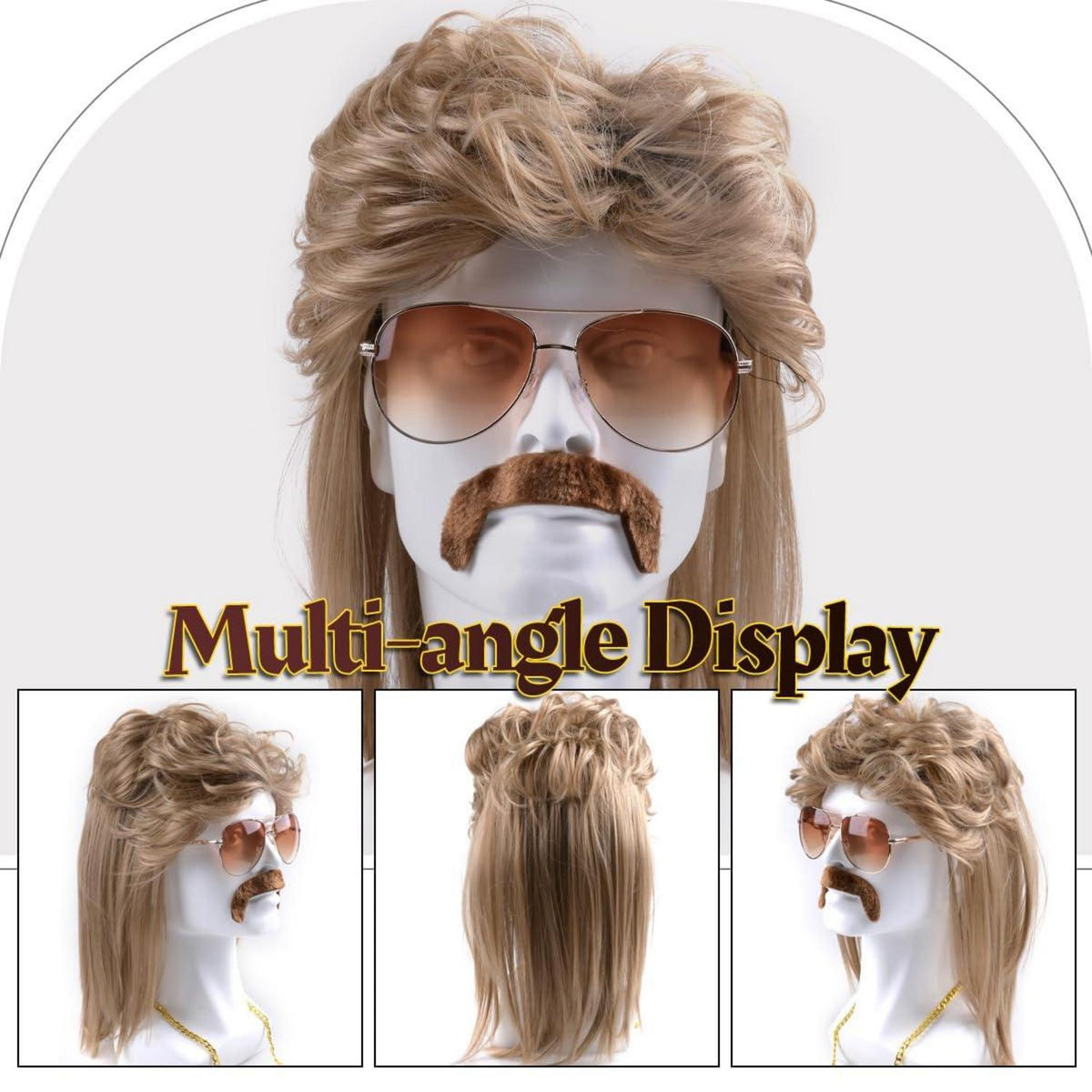 iZoeL Vokuhila Perücke 80er Jahre Outfit Herren Blond Wig Sonnenbrille Halskette