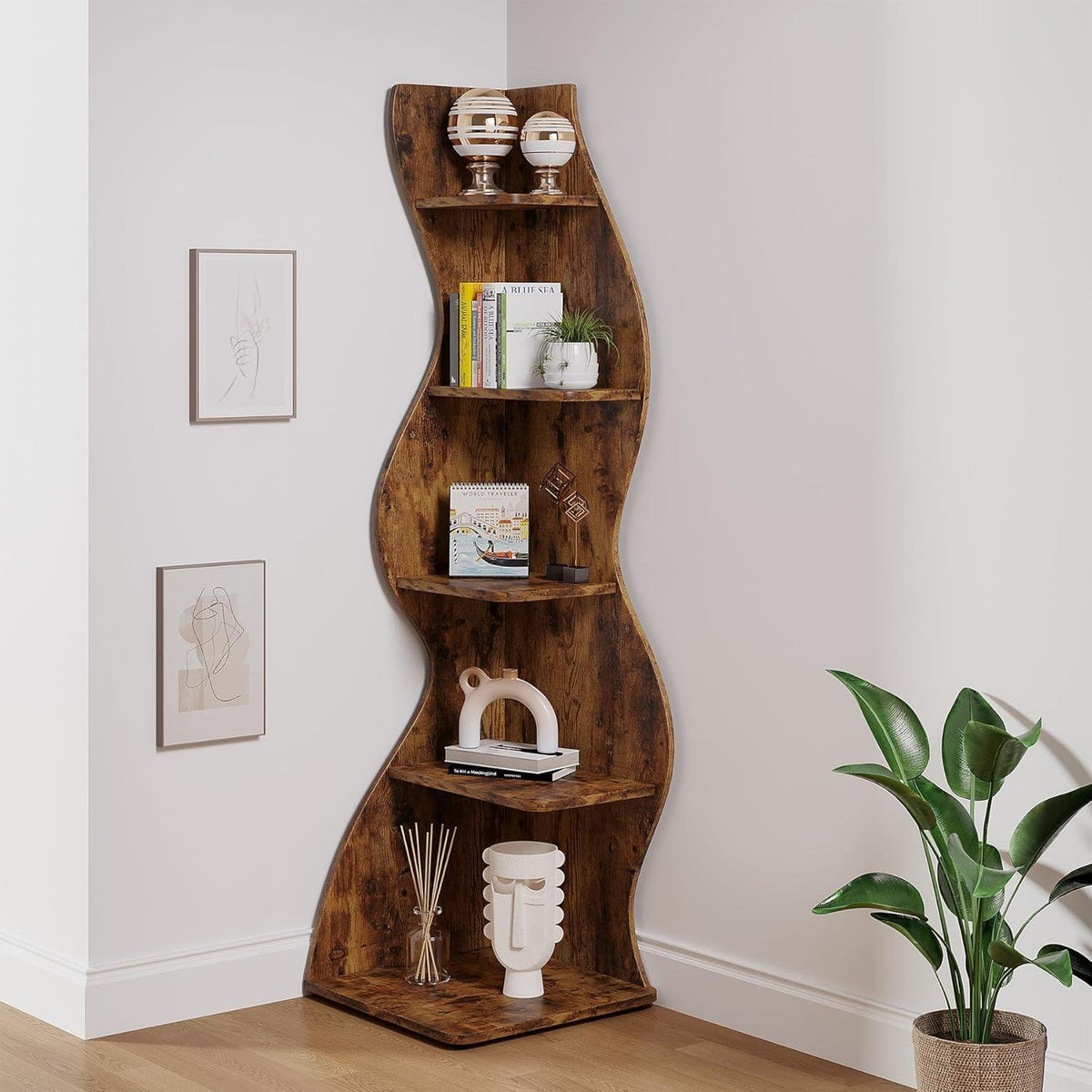 5-stufiges Eckregal Braun – Bücherregal & Pflanzenständer