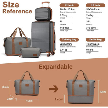 4-teiliges Reisekoffer Set mit TSA-Schloss, Handgepäck 55cm, Grau/Braun