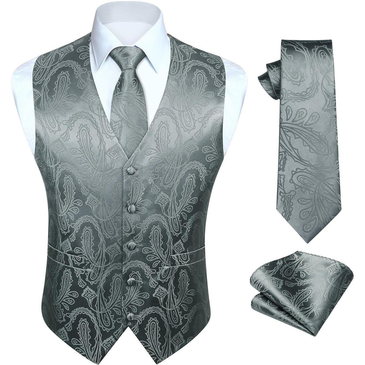 Herren Weste Krawatte Einstecktuch Set Jacquard Dunkelgrau