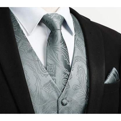 Herren Weste Krawatte Einstecktuch Set Jacquard Dunkelgrau