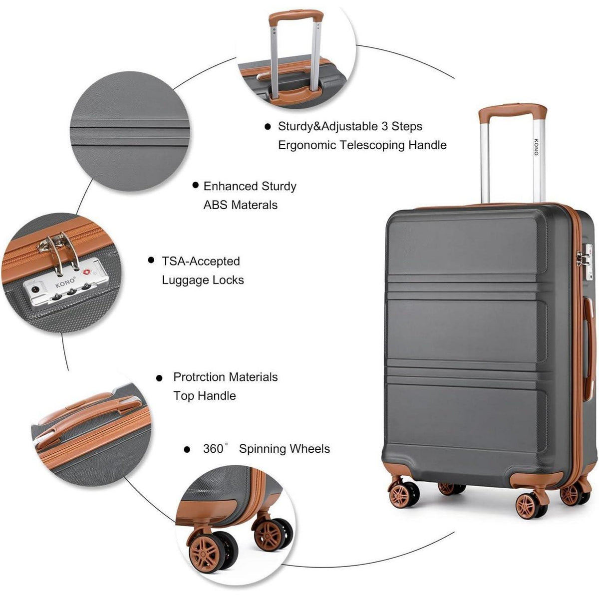 Koffer Trolley M (55cm) Grau/Braun | Handgepäck ABS Hartschale mit TSA Schloss